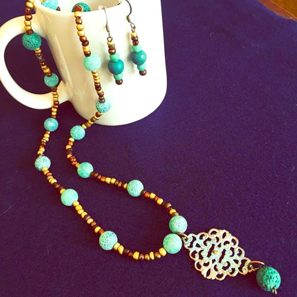 Turquoise/gold aroma therapy necklace/earring set